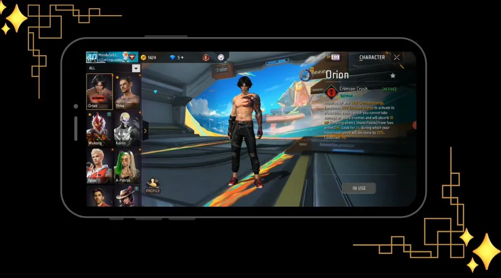 Free Fire MOD APK interface displaying all unlocked characters DJ Alok, Chrono, Skyler with maxed abilities